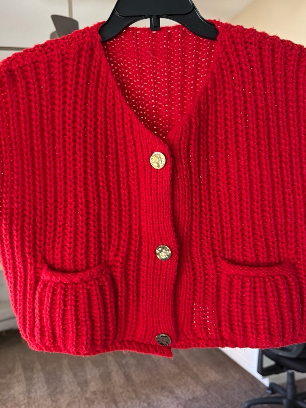 Women's Red V-Neck Chunky Knit Button Cardigan